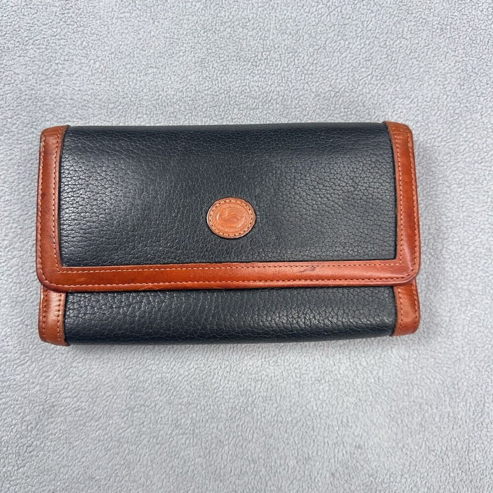 Dooney & Bourke Black Brown Leather Trifold Wallet Pebbled Checkbook Vtg